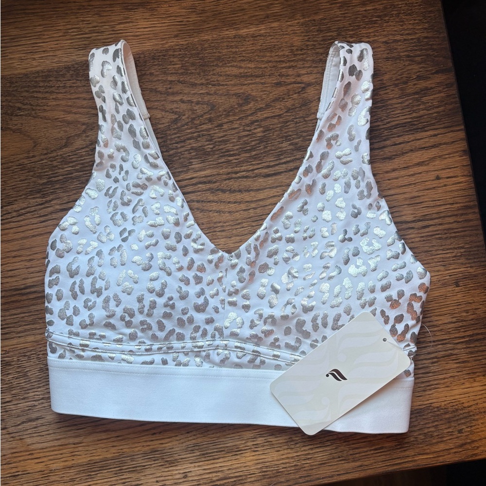 Fabletics White and Silver Leopard Sports Bra